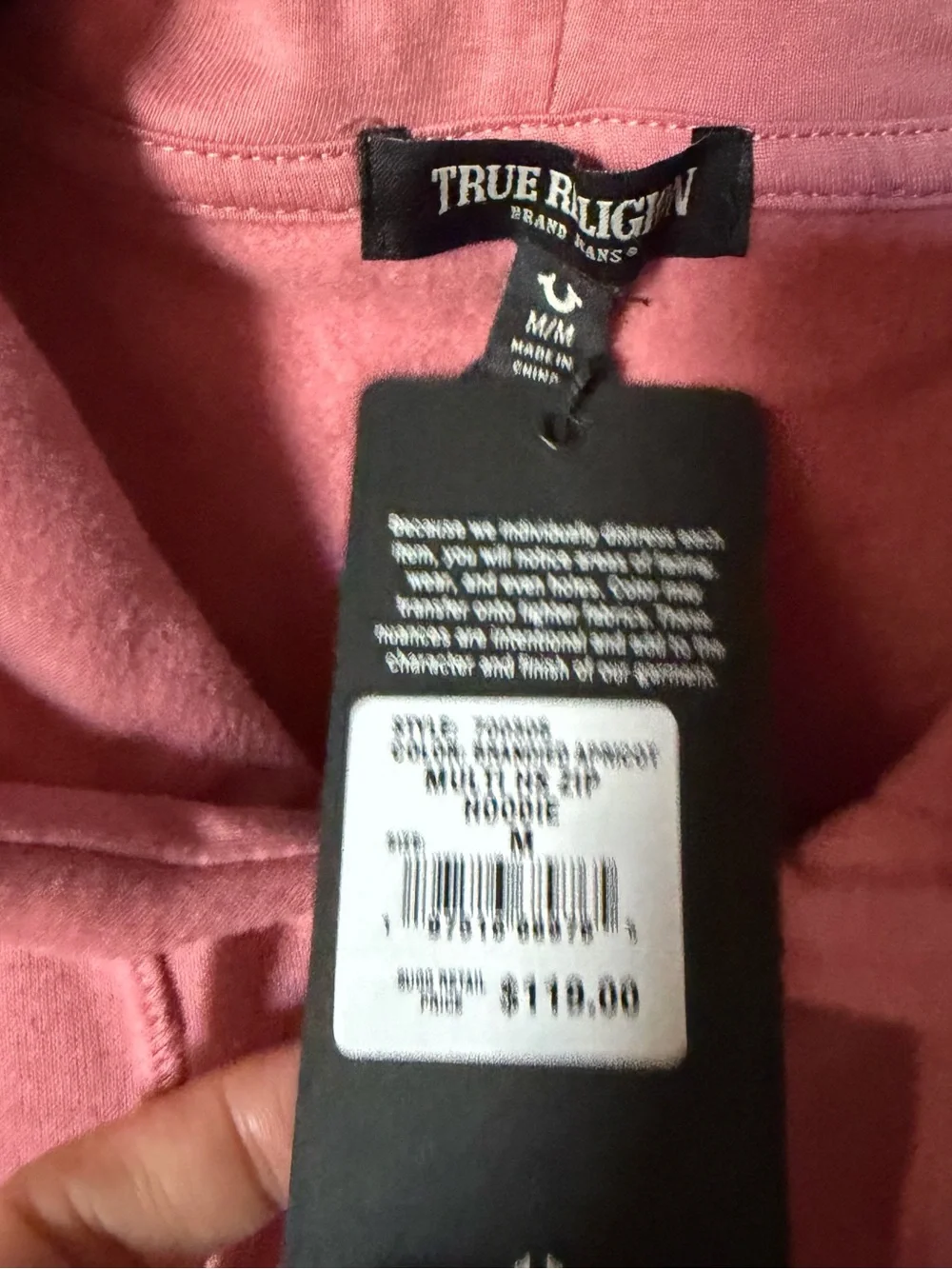TRUE RELIGION Mens Medium Zip Up Hoodie Pink Brandied Apricot Pockets NWT $118